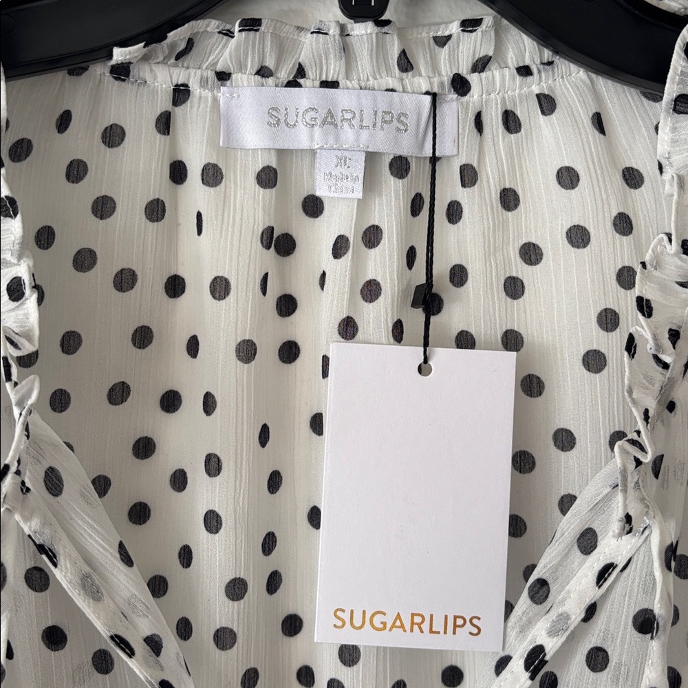 Sugarlips white and black polka dot tie neck ruffle sleeve blouse new XL - Picture 3 of 7
